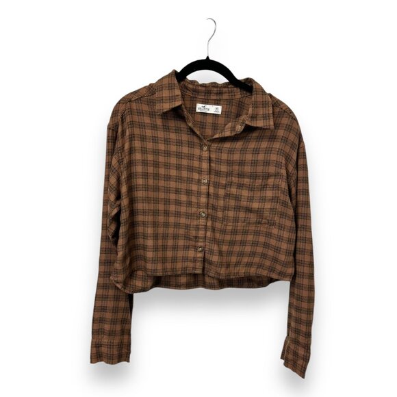 Hollister Womens Brown Plaid Oversized Boxy Cropped Button-Down Flannel Shirt XS - Picture 5 of 11
